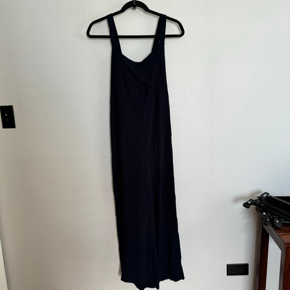 Madewell Jumpsuit Navy Smocked Square Neck Zip Sleeveless Straight Leg Sz 12